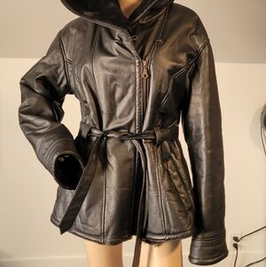 Wilsons Leather Women's Black Tie Waist Zipper Leather Faux Fur Coat Sz L W/Hood